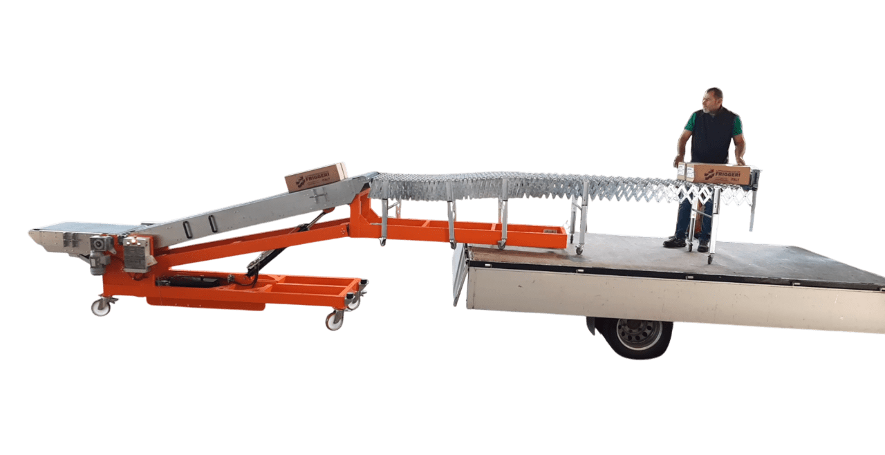 Sistema composto da Trasportatore a nastro e rulliera estesa in configurazione SCARICO CAMION